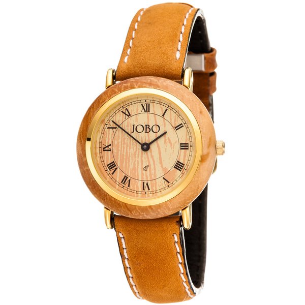JOBO Damen Armbanduhr mit Holz Quarz Analog vergoldet Lederband braun Damenuhr